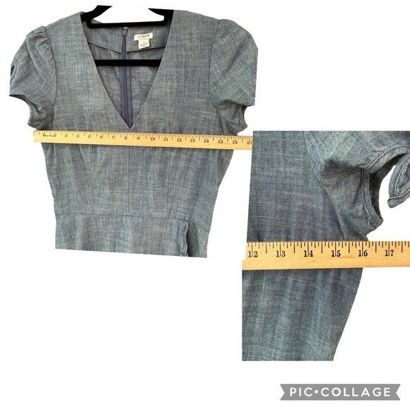 J. Crew Short Sleeve V-Neck Faux Wrap Ruffle Chambray Mini Dress Preppy - Sz 00 - Picture 13 of 15